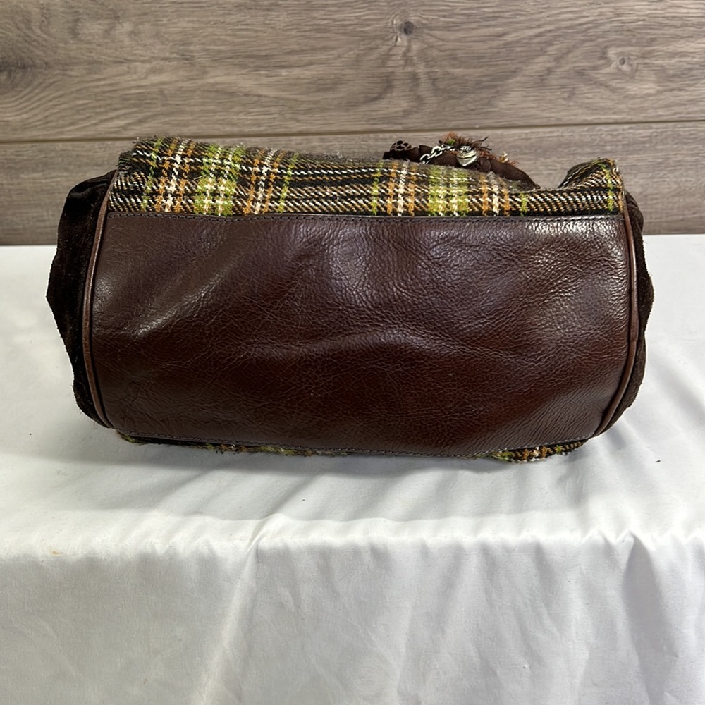 Juicy Couture Green and Brown Plaid Bowler Bag with Flower - Picture 6 of 9